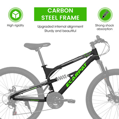 26 Inch Mountain Bike, 21-Speed Mountain Bicycle with Full Suspension and Dual Disc Brakes Thumb Shifter, High Carbon Steel Frame MTB Bike for Teenagers Adult Men Women Trail Commuter, Black-Green