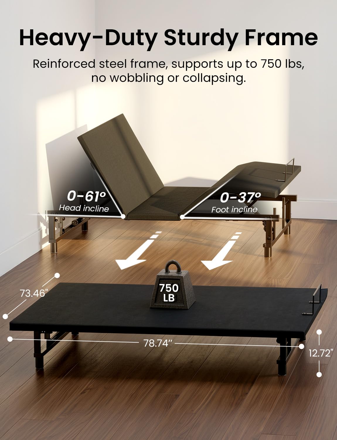Feetice King Size Adjustable Bed Frame with Wireless Remote, Zero Gravity & Head & Foot Incline, Heavy-Duty Steel Frame, Whisper-Quiet Motor, Easy Installation (79" L x 74" W x 12.72" H), Black