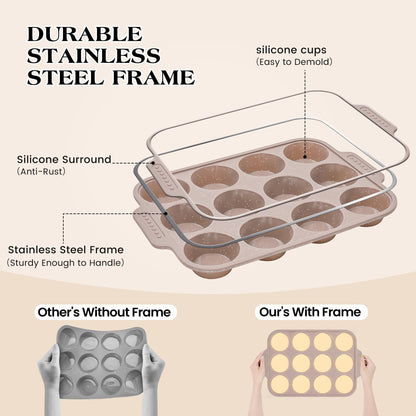 AOTASO 2 Pcs Silicone Muffin Pans for Baking with Metal Reinforced Frame, Nonstick Cupcake Tray for Oven, 12 Cups Regular Size Silicone Molds for Egg Bites, Dishwasher Safe (Brown, Cream)