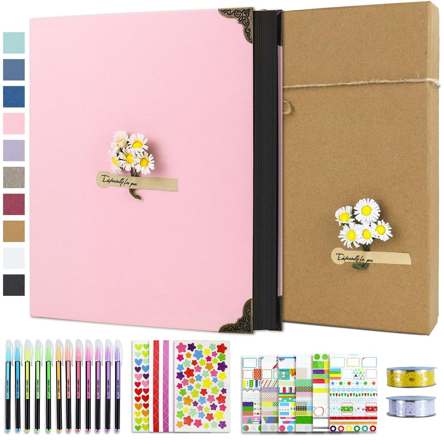 Vienrose DIY Scrapbook Photo Album Kit with Stickers, Pens, Tapes, 60 Pages Hardcover Memory Book, 8.5x11 Inch 3 Ring Binder with Black Pages, Guest Book Gift for Wedding, Travel & Anniversary Pink