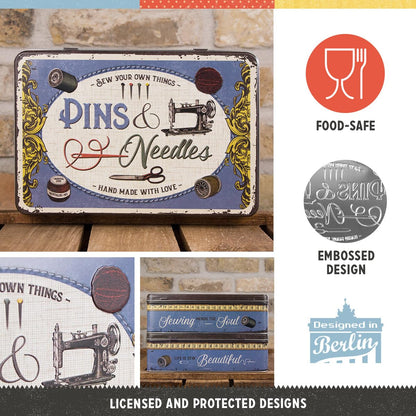 Nostalgic-Art Retro storage tin box flat, 84.5 oz, Pins & Needles Sewing Box – Gift idea for your home, metal can with lid, vintage design