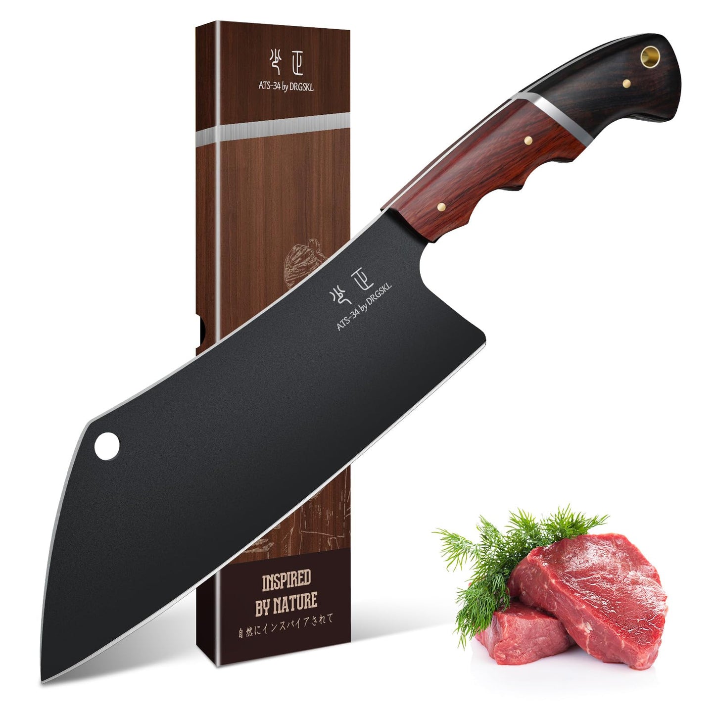 DRGSKL Meat Cleaver Knife 8inch - Black Butcher Knife for Meat Cutting, Japanese High Carbon Steel Vegetable Cleaver for Chopping, Kitchen Cooking Knife with Wooden Handle, Gift for Men