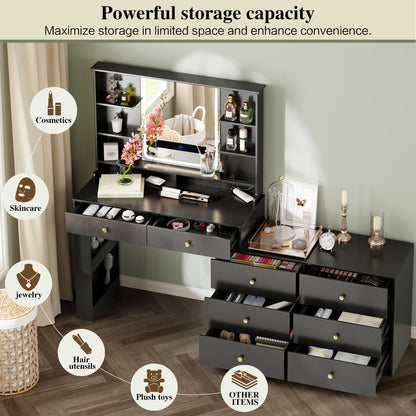 Ieejdn Makeup Vanity Desk with Mirror and Lights, Vanity Desk with 8 Drawers & Storage Shelves, Vanity Table with Power Outlet, 3 Color Modes & Adjustable Brightness Dressing Table, Bedroom,Black