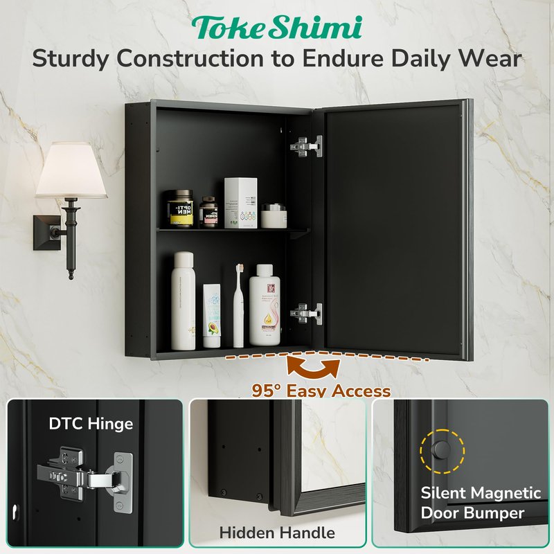 TokeShimi 14x18 Bathroom Medicine Cabinet with Mirror, Assembly Required, Black Recessed Medicine Cabinet, 1 Stepless Adjustable Shelves, Beveled Aluminum Frame, Tempered Glass