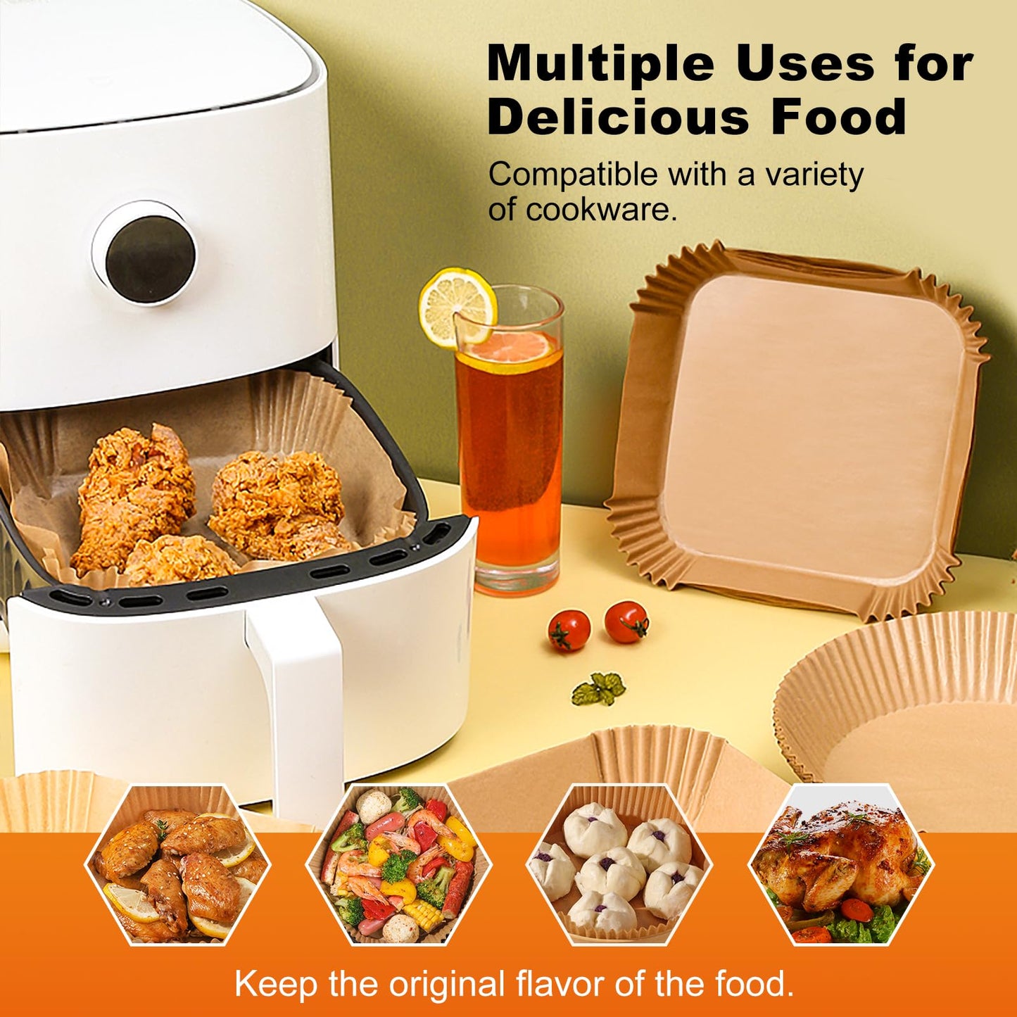 Air Fryer Disposable Paper Liners - 150Pcs 8In Square Parchment Paper Non-Stick Airfryer Basket Liners for Steamer Microwave Oven, Deep Fryer Parts & Accessories