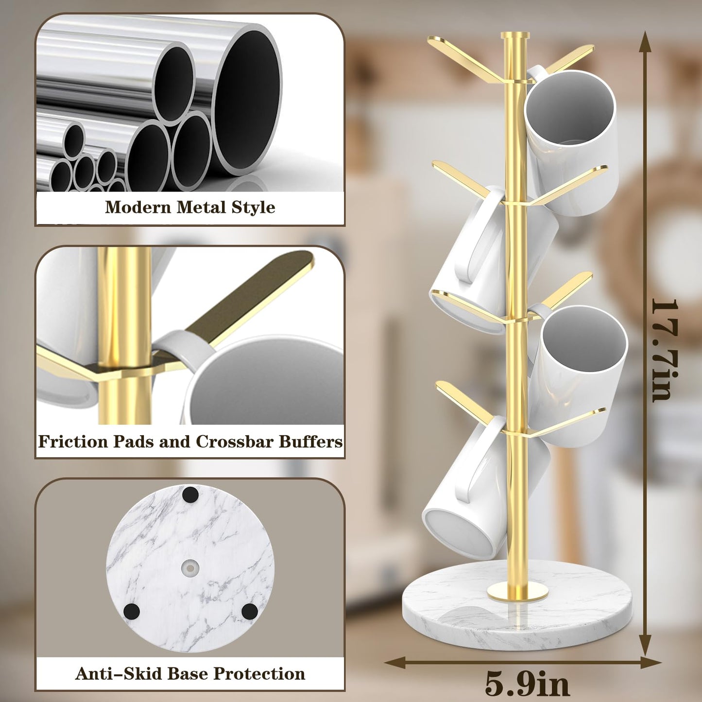 ZYZWTG Marble Mug Holder Tree with 8 Hooks, Stainless Steel Coffee Cup Holder, Non-Slip Silicone Pads, Heavy Duty Marble Base, Countertop Organizer for Kitchen & Cafe, Gold