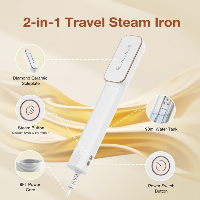 Newbealer 2in1 Travel Iron, 100-240V Clothes Steamer, 2 Steam Levels, Gold