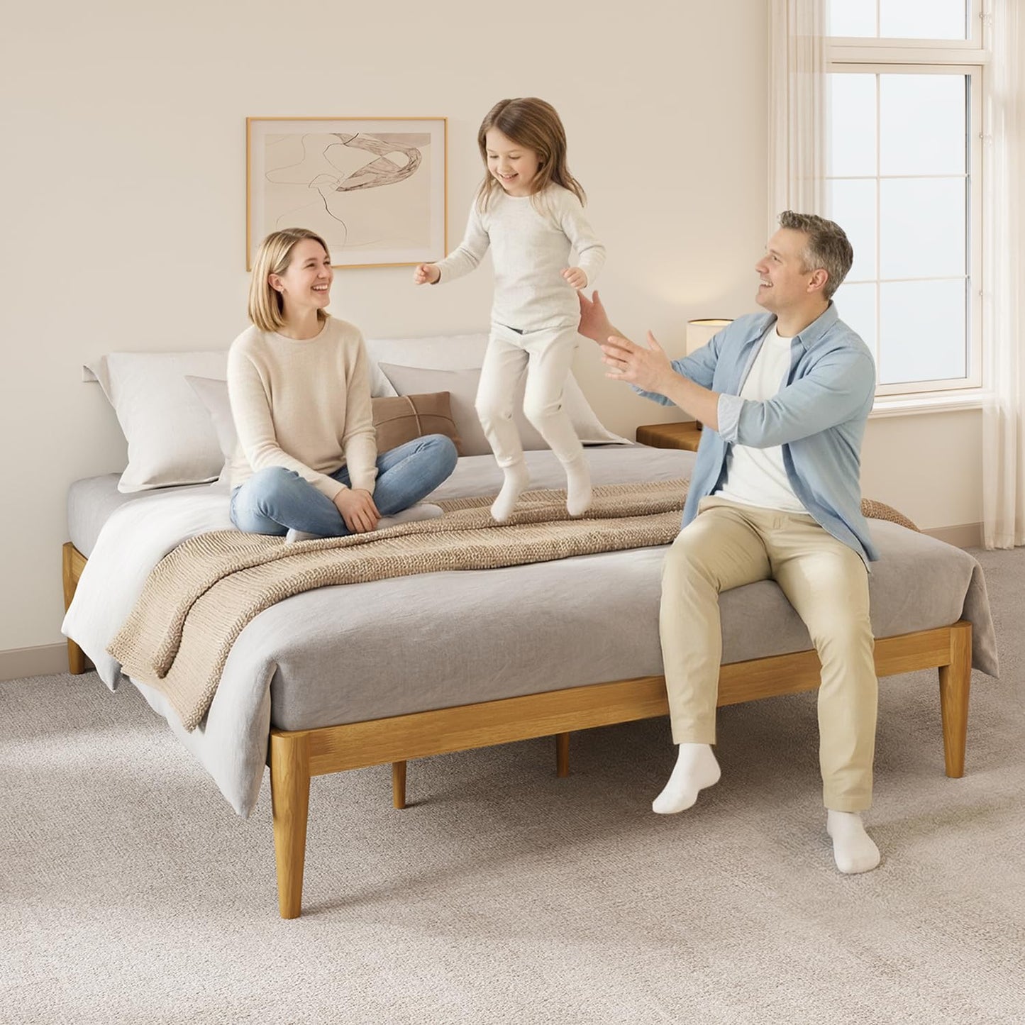 IOTXY Queen Platform Bed Frame - Solid Wood 16-Inch Height Mattress Foundation Base with Densely Slats and Heavy-Duty Support Legs, No Box Spring Needed, Oak