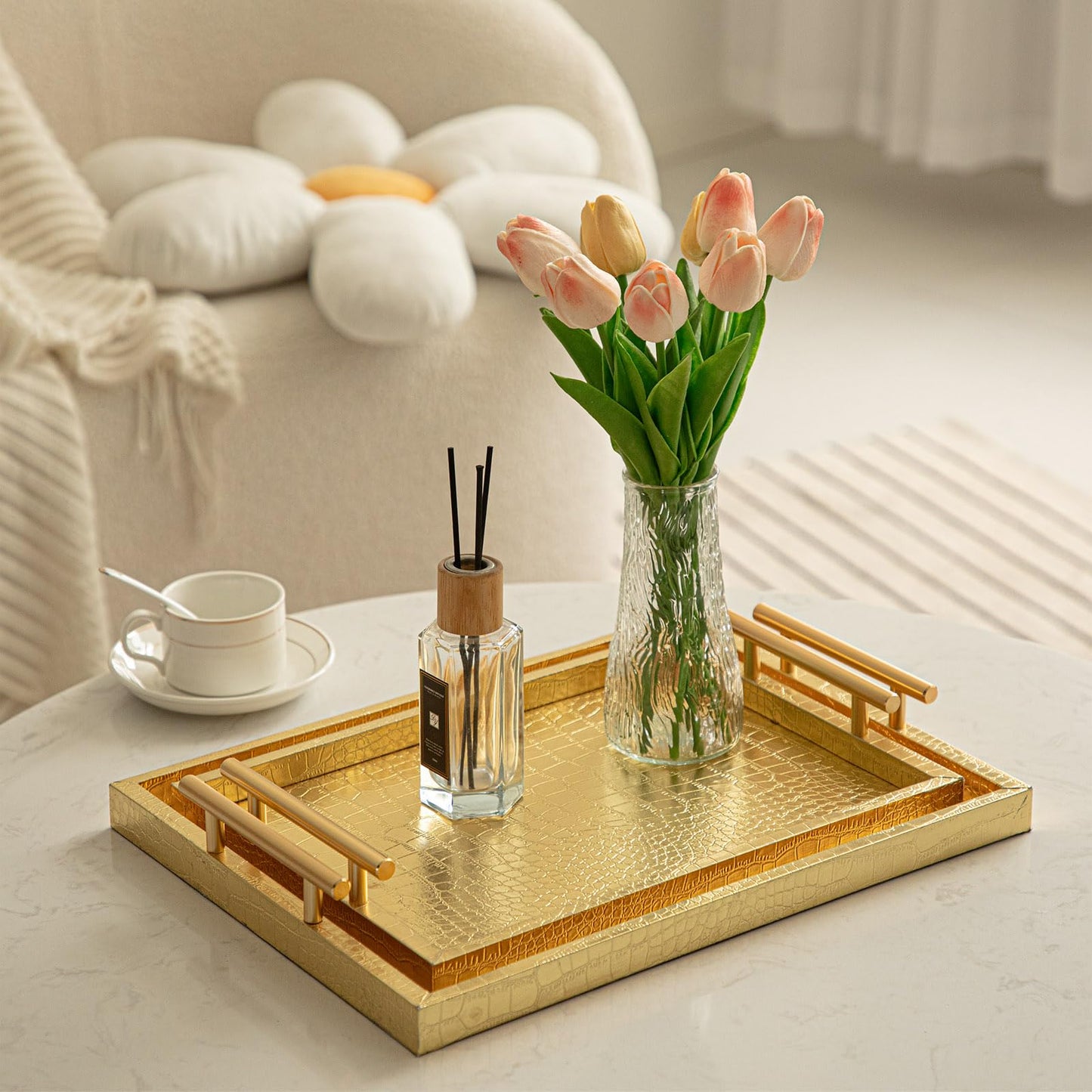 JUMBO HUMBLE Modern Elegant Large Wood Serving Tray, Set of 2 Gold Crocodile Leather with Gold Polished Metal Handles, Home Decorative Rectangle Ottoman Decor Platter Living Room Bathroom Vanity Tray