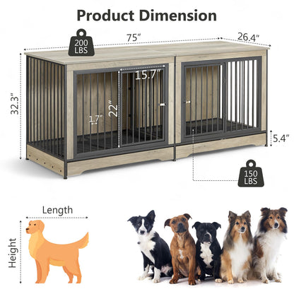 Rovibek 75 Inch Dog Crate Furniture for 2 Dogs, Wooden Dog Cage Furniture, Decorative Dog Kennels with Double Doors, Double Dog Kennel Furniture, Dog Crate TV Stand for Large Dogs, Grey