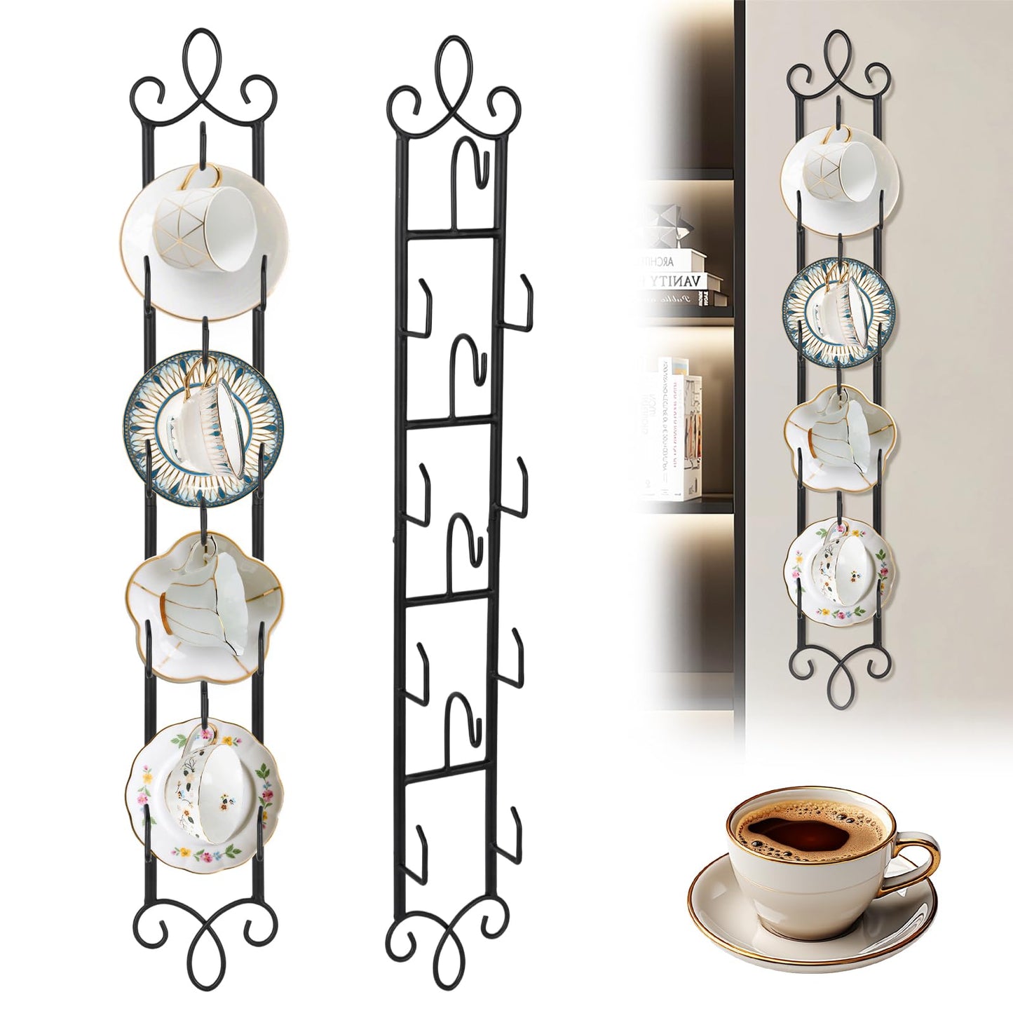 WHXGG 2 Pack Tea Cup Display Rack Vertical Wall Cup Rack Set 4 Tiers Wall Mounted Cups Plate Holder 36 x 5''Tea Cup and Saucer Display Stand for Kitchen Tearoom Restaurant Office Fits 6''Diameter