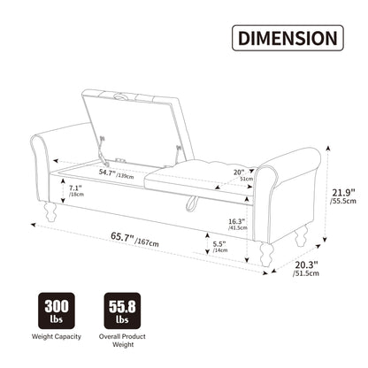 KEIKI 65.7" Modern Upholstered Storage Bench with Double Lids, Ottoman with Storage, Ottoman Bench with Rolled Armrest, Rubberwood Legs, for Bedroom, Living Room, Entryway & Window, Black