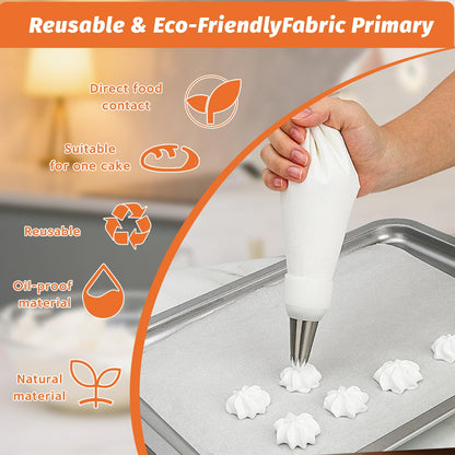Reusable Cotton Piping Bags and Tips Set- 9pcs Frosting Piping Kit Cupcakes, Cookies Durable Cotton Exterior, Easy to Clean, Eco-Friendly Baking Kit for Home Bakers & Chefs