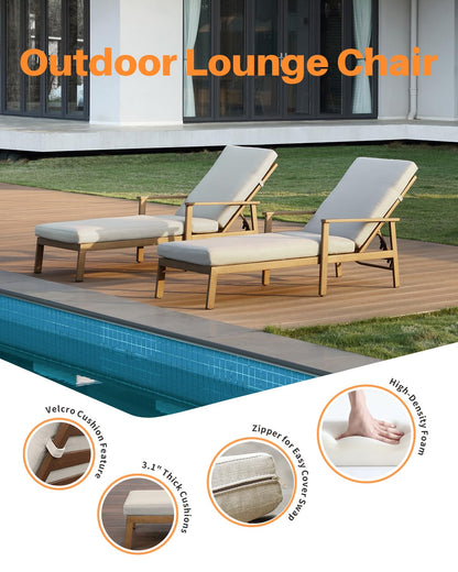 SEEHILL 2-Pack Teak Chaise Lounge Chairs, Never Rust Aluminum Outdoor Pool Lounge Chair Set with Gray Cushions, 6-Position Adjustable Patio Loungers, Outdoor Lounge Chairs for Poolside, Beach, Yard