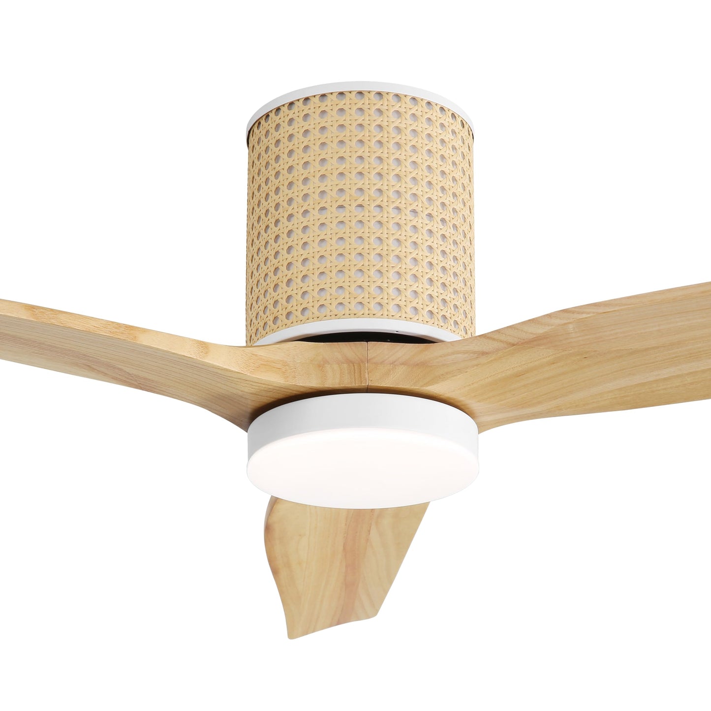 LEDLUX 52" Ceiling Fan with Light - Low Profile Flush Mount Ceiling Fan, 6-Speed Remote Control, Solid Wood, Quiet Reversible DC Motor, Wood/White Finish, for Bedroom, Living Room, Porch