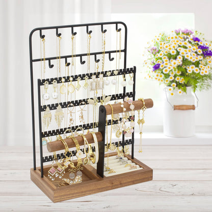 JONKASIPA Jewelry Holder Organizer Stand 4-Tier Necklace Stand Earring Holder with Wooden Tray, Jewelry Rack for Bracelets Watches and Rings Display Stand, Gifts for Women & Girls-Black