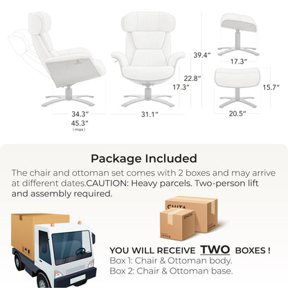 CHITA Genuine Leather Reclining Swivel Chair with Adjustable Headrest and Ottoman for Living Room, Black