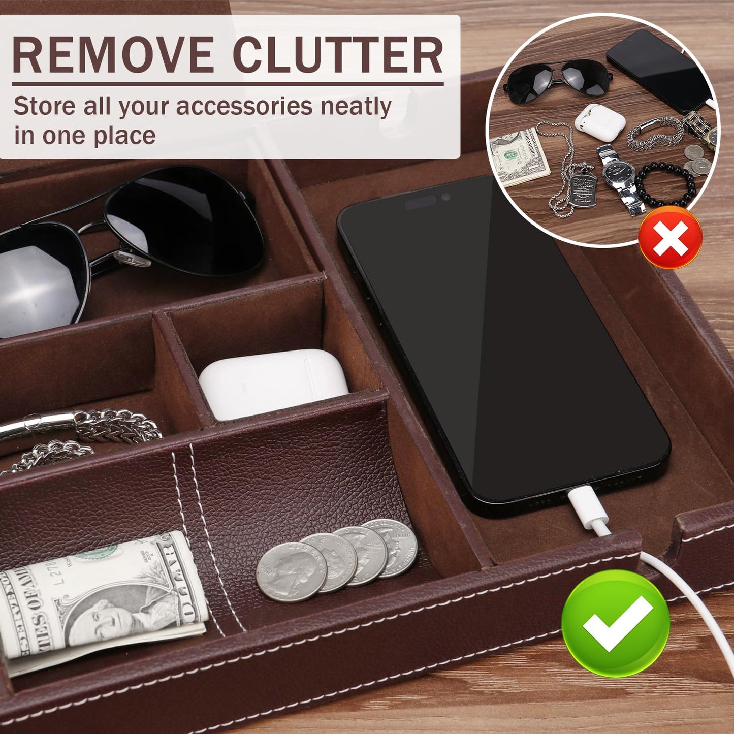 Baoyun Mens Nightstand Organizer, Leather Valet Tray for Men, EDC Catchall Tray with Phone Charging Station, Dresser Top Organizer, 6 Compartments Entryway Valet Box for Wallet, Keys, Phone