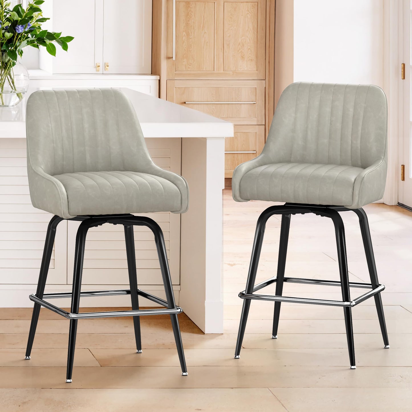 LUE BONA Counter Height Bar Stools Set of 3, 26" H Modern Barstools with Backs, Metal Frames and LightGrey Faux Leather Upholstered Accent Bar Stools for Kitchen Island