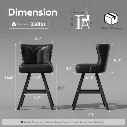 Ollega Bar Stools Set of 2, 26" Counter Height Bar Stools with Backs and Metal Frame, Leather Swivel Barstools, Counter Stools for Kitchen Island, Black