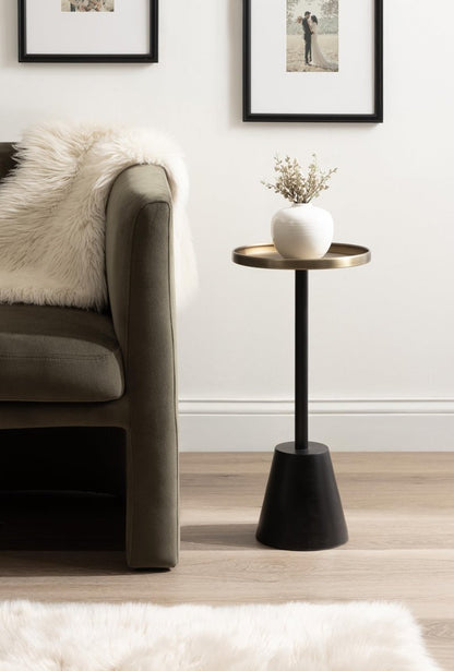 Kate and Laurel Tira Elegant Round Drink Table, 10 x 22, Antique Brass and Black, Vintage Glam Circle Martini Table for Use as a Small Bedroom Nightstand or Living Room Plant Stand Option