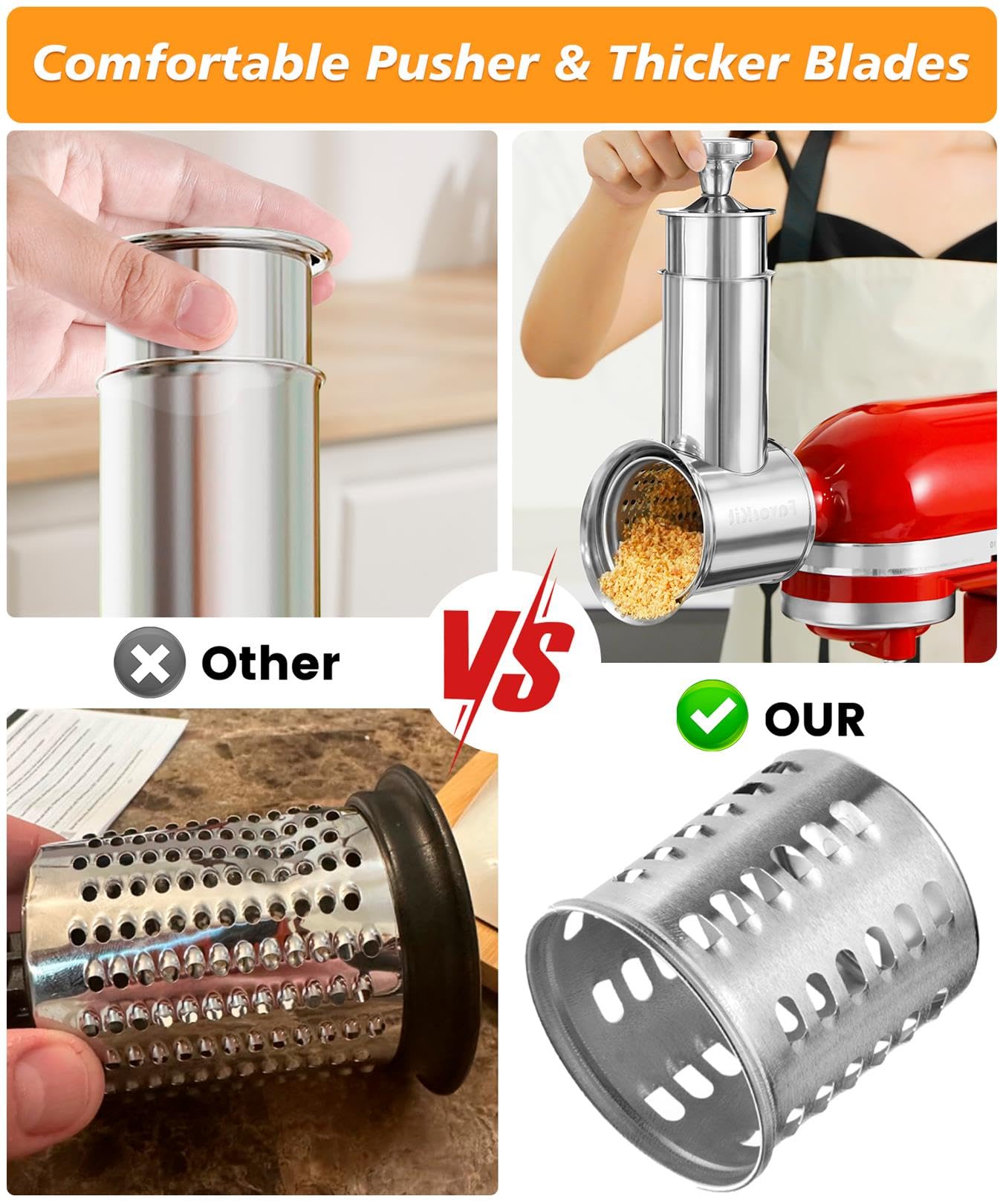 FavorKit Stainless Steel Salad Maker Attachment for KitchenAid Mixers, Large Slicer Shredder & Cheese Grater Accessories with 4 Blades,Dishwasher Safe