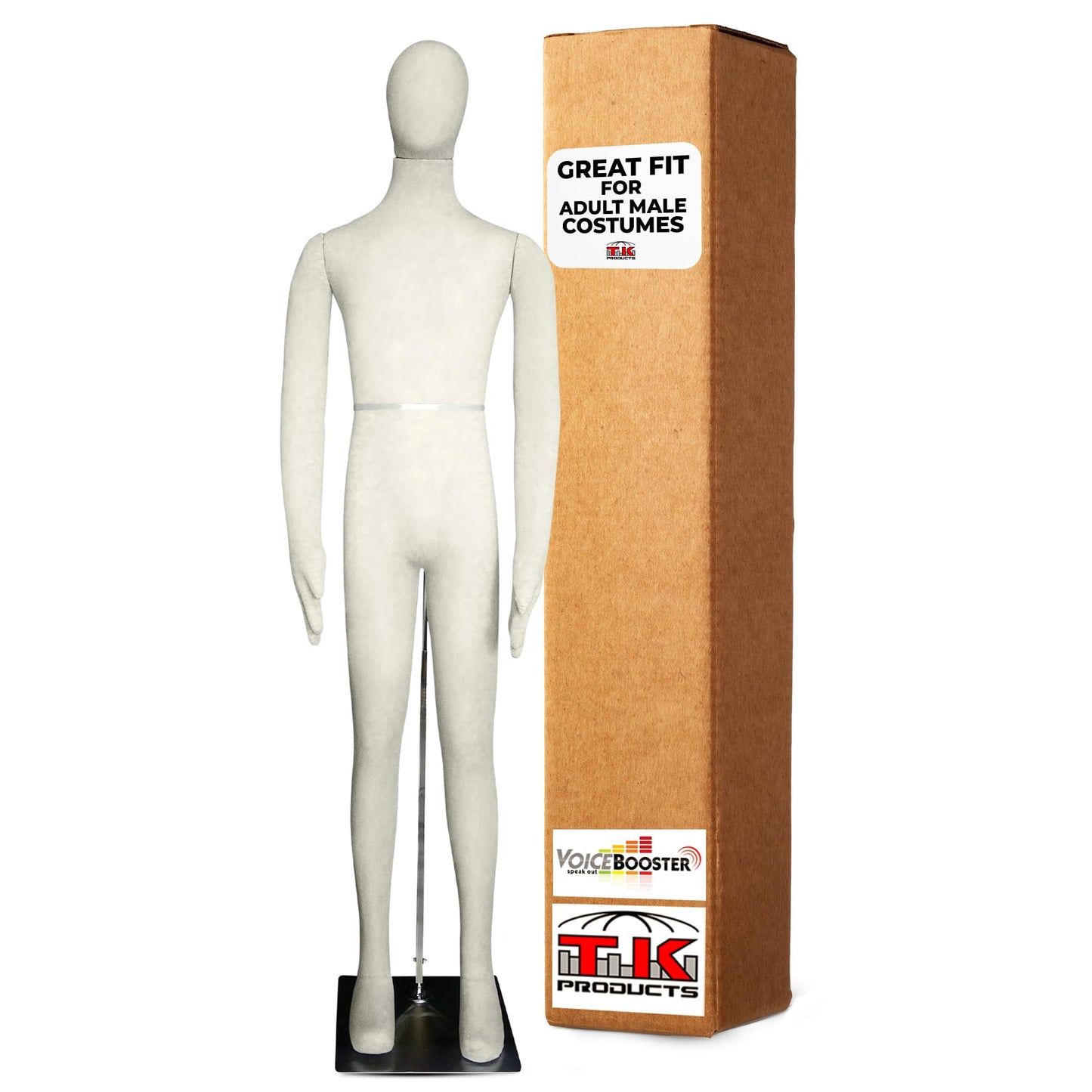 Full Body Male Mannequin by Voicebooster Speak Out - Flexible, Bendable, Poseable Standing Model with Adjustable Arms - Soft Foam Dress Form for Costumes, Clothing Display, Sewing - Beige/White