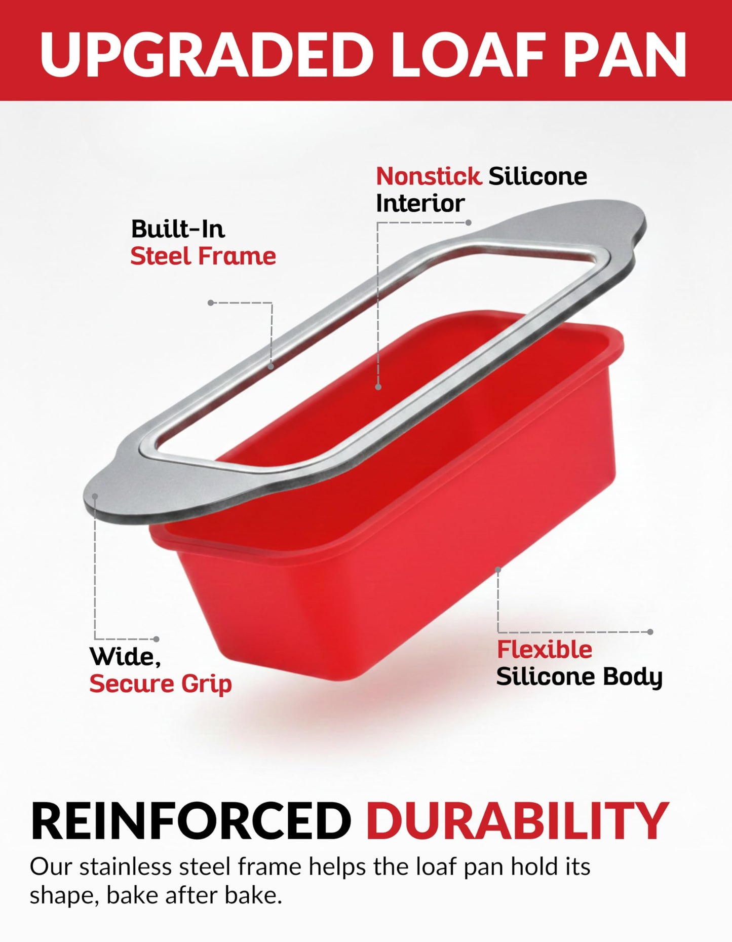 Boxiki Kitchen Premium Non-Stick Silicone Bread Loaf Pan, 9x5 Inches – Heavy-Duty Steel Frame, Non-Toxic, BPA & PFOA Free – Perfect for Pound Cakes, Breads, & More.