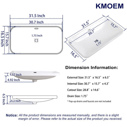 KMOEM Vessel Sink 32"x17" Semi Recessed Bathroom Sink Drop-in Bathroom Sink Support Dual Faucet Installation White Porcelain Ceramic Modern Rectangular Vanity Sinks with Overflow