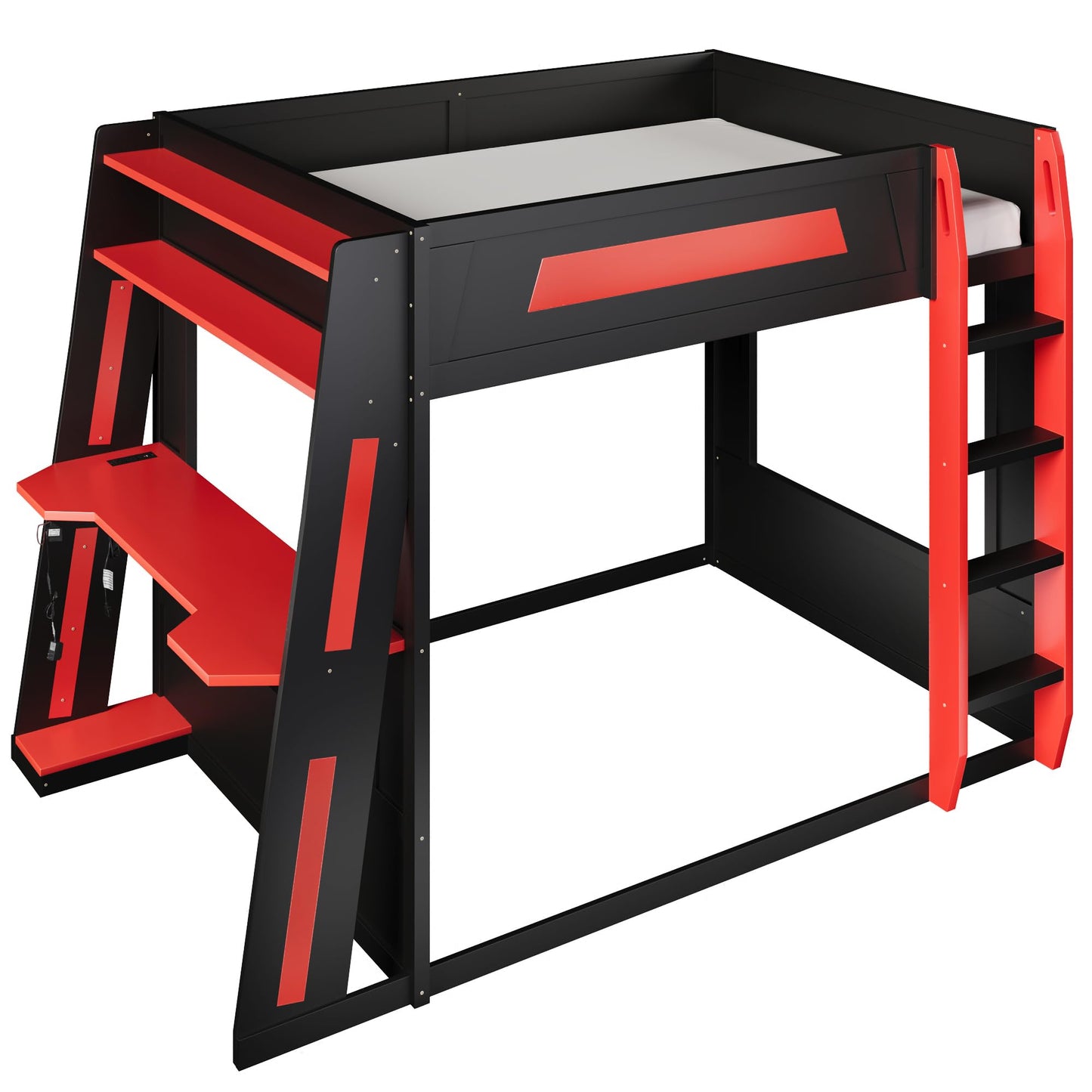 Merax Queen Over Queen Wooden Gaming Bunk Bed with Built-in Desk, LED Lights, USB Port, and 2 Storage Shelves, Solid Wood Gaming Loft Bed for for Bedroom, Black+Red