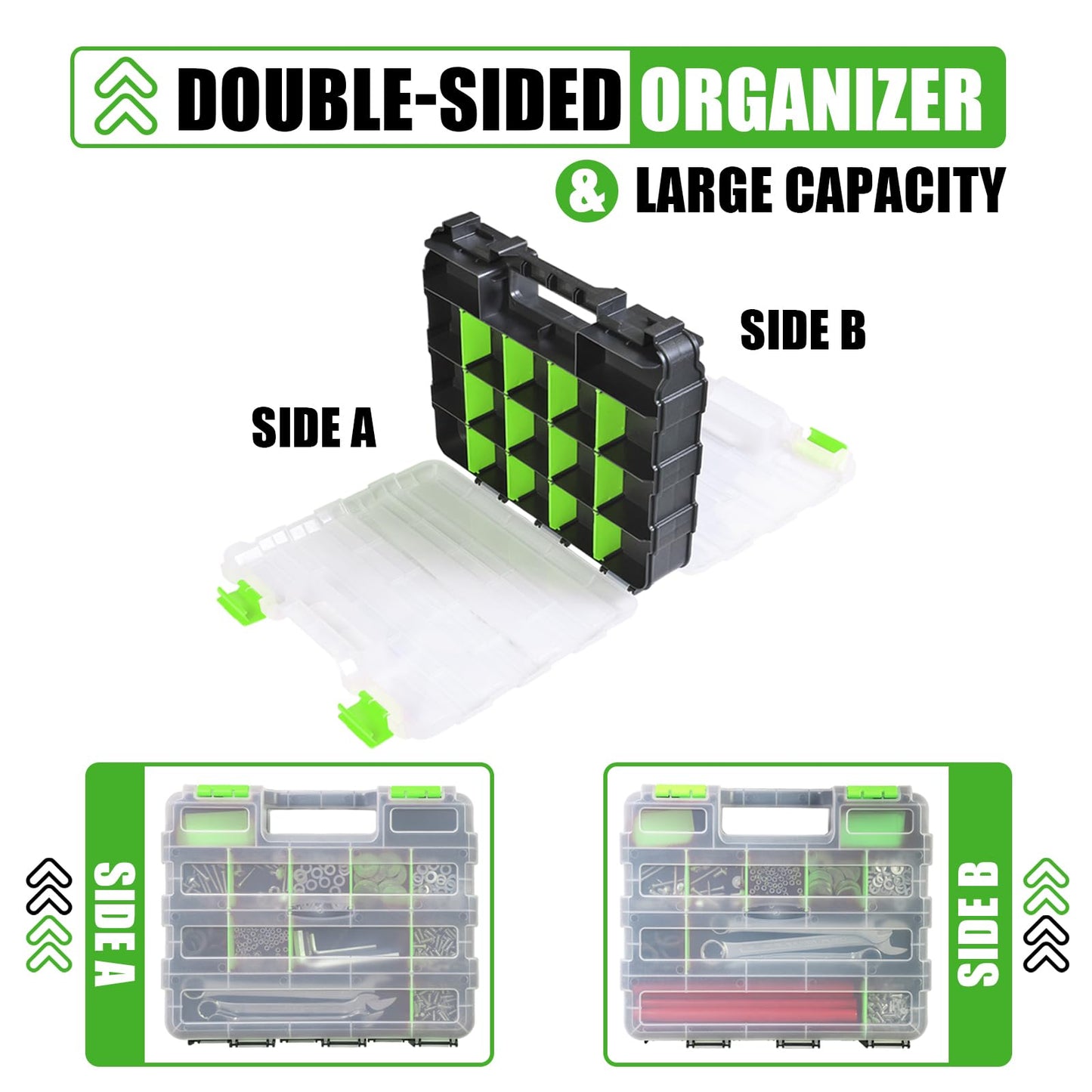 Tool Box with Transparent Lid, Double Side 34-Compartments Organizer Box with Removable Dividers for Hardware, Screws, Bolts, Nails, Beads, Jewelry and Fishing Accessories, Green, 2 Packs