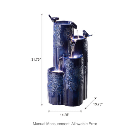 Glitzhome 32" H Outdoor Water Fountain with LED Lights and Pump, 4 Tier Ceramic Cobalt Blue Dandelion Texture Outdoor Fountains and Waterfalls with Cute Birds, for Porch Deck Garden Patio Backyard