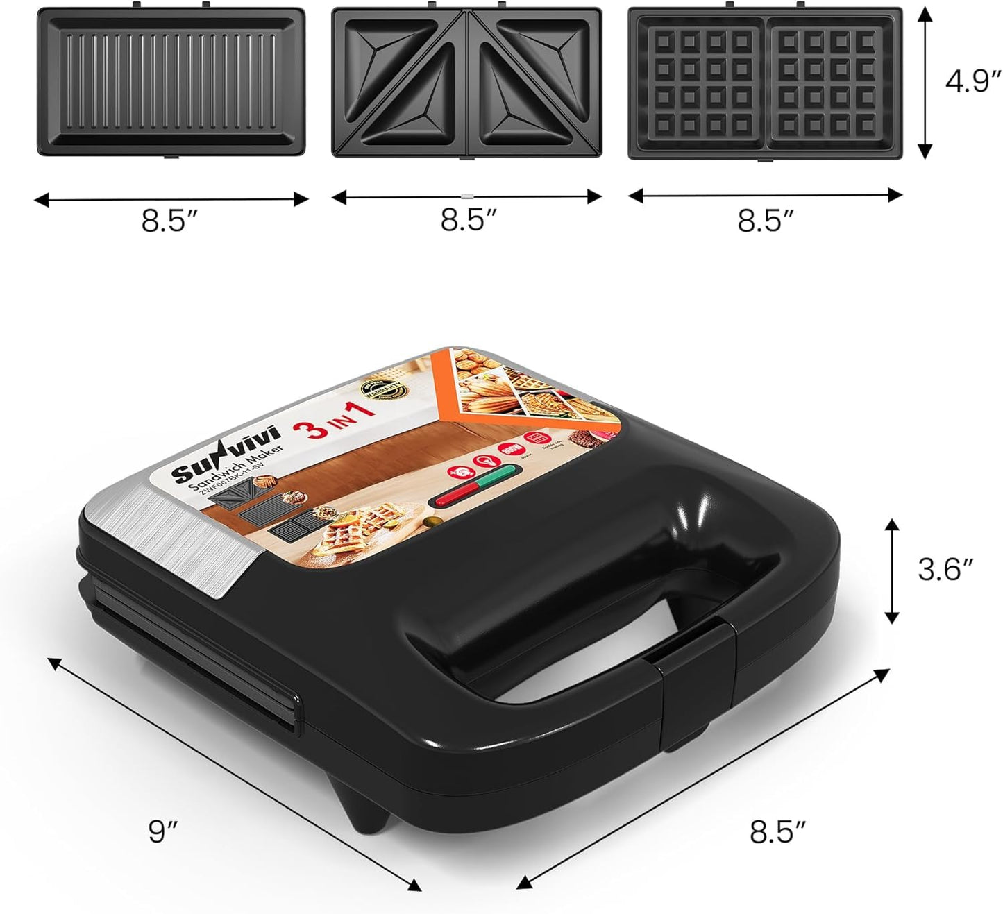Sunvivi Waffle Iron, Panini Press Grill and Sandwich Maker Set, 3 in 1 Electric Sandwich Press with Removable Non-Stick Plates, Indicator Lights & Cool Touch Handle 750W