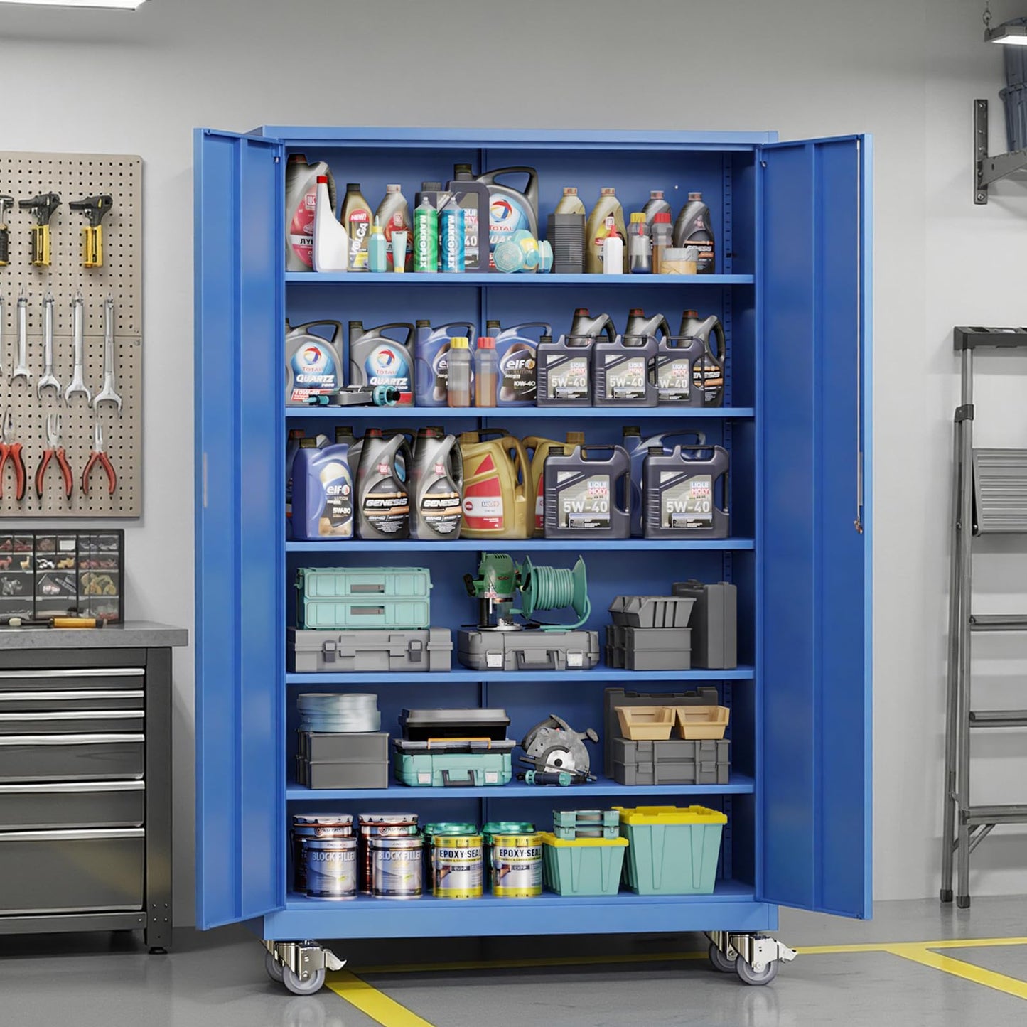 VINGLI Large Metal Storage Cabinet with 2 Doors and 5 Adjustable Shelves, Upgraded Height & Wide & Deep, 43''W x 20''D x 72''H, Oversized Garage Storage Cabinet with Wheels and Locks (Blue)