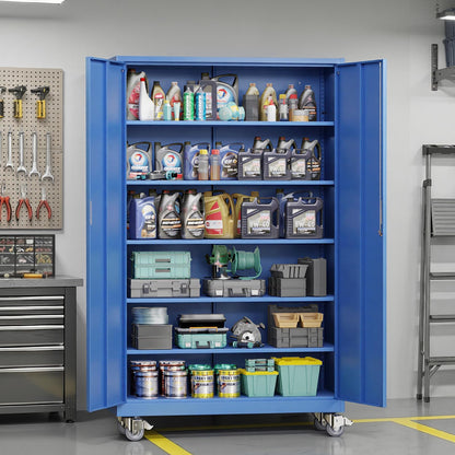 VINGLI Large Metal Storage Cabinet with 2 Doors and 5 Adjustable Shelves, Upgraded Height & Wide & Deep, 43''W x 20''D x 72''H, Oversized Garage Storage Cabinet with Wheels and Locks (Blue)