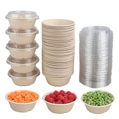 JAYEEY 10 oz Round Disposable salad bowls with lids, Sugarcane Fiber Paper Bowls take away food containers Plant Fibers Freezer Safe 50 Pack