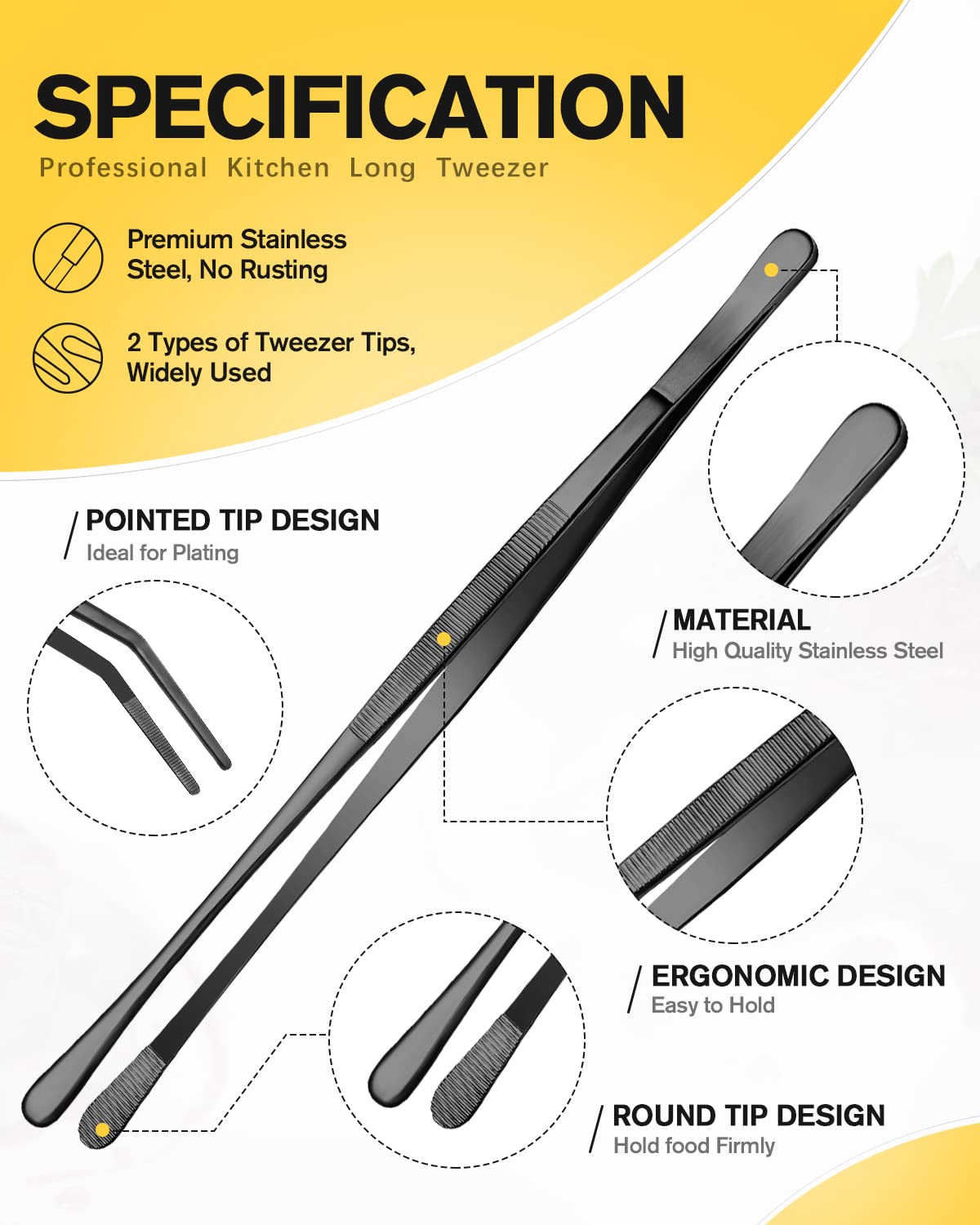 2 Pcs Kitchen Fine Tweezer Tongs, 12'' Stainless Steel Food Tweezers Set, Professional Black Kitchen Long Tweezer for Cooking, Repairing, Sea food and BBQ(BLACK)