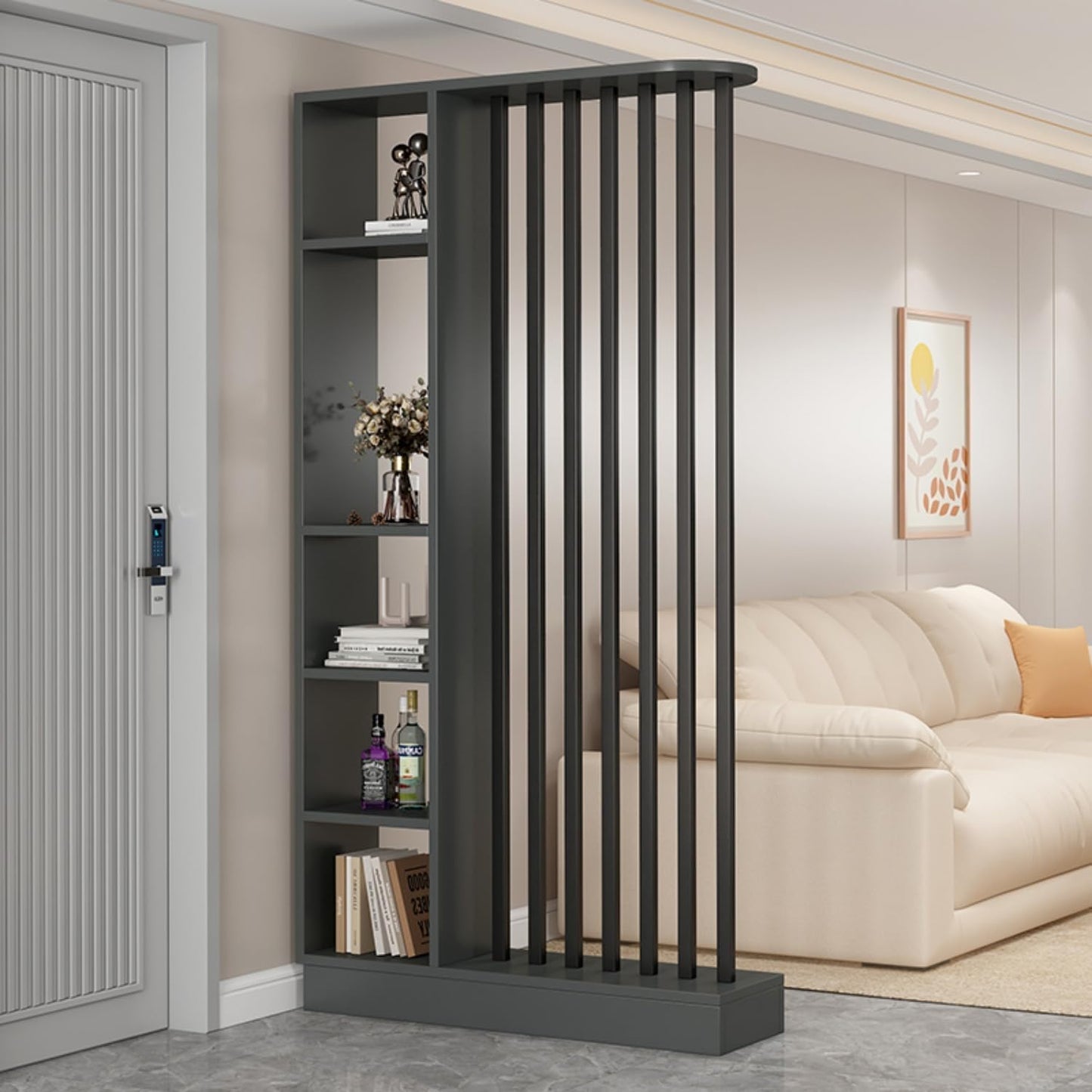 39.4in/100cm Entrance Hall Partition Screen, Wooden Room Divider with Storage Shelves, Modern Freestanding Wood Room Divider Screen, Privacy Screens Room Partition Post (Grey, 100cm/39.4in)