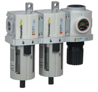 PneumaticPlus PPC3C-N02G Compressed Air Drying System- Particulate Air Filter, Coalescing Filter & Air Pressure Regulator Combo 1/4" NPT (High Flow), Poly Bowl with Guard, Manual Drain