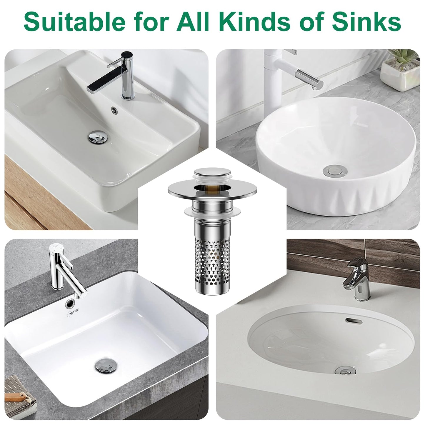 Bathroom Sink Drain Strainer,Universal Pop-Up Sink Stopper Hair Catcher, Anti-Clog Stainless Steel Drain Filter Basket, Removable Sink Drain for Bathroom Sink Stopper