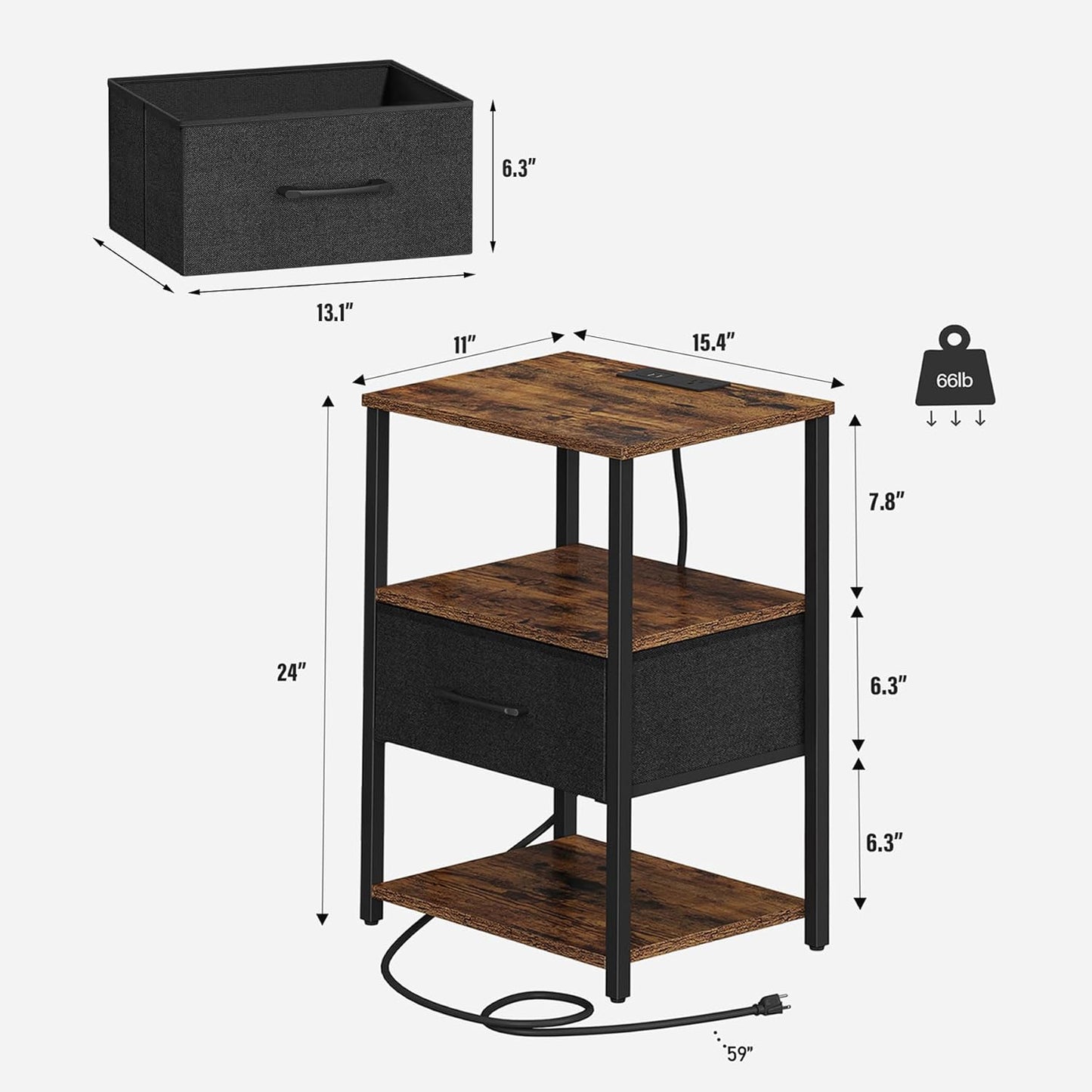 TB01BB069L TUTOTAK LED Nightstand, Night Stand with Charging Station, End Table, Bedside Table with Fabric Drawer