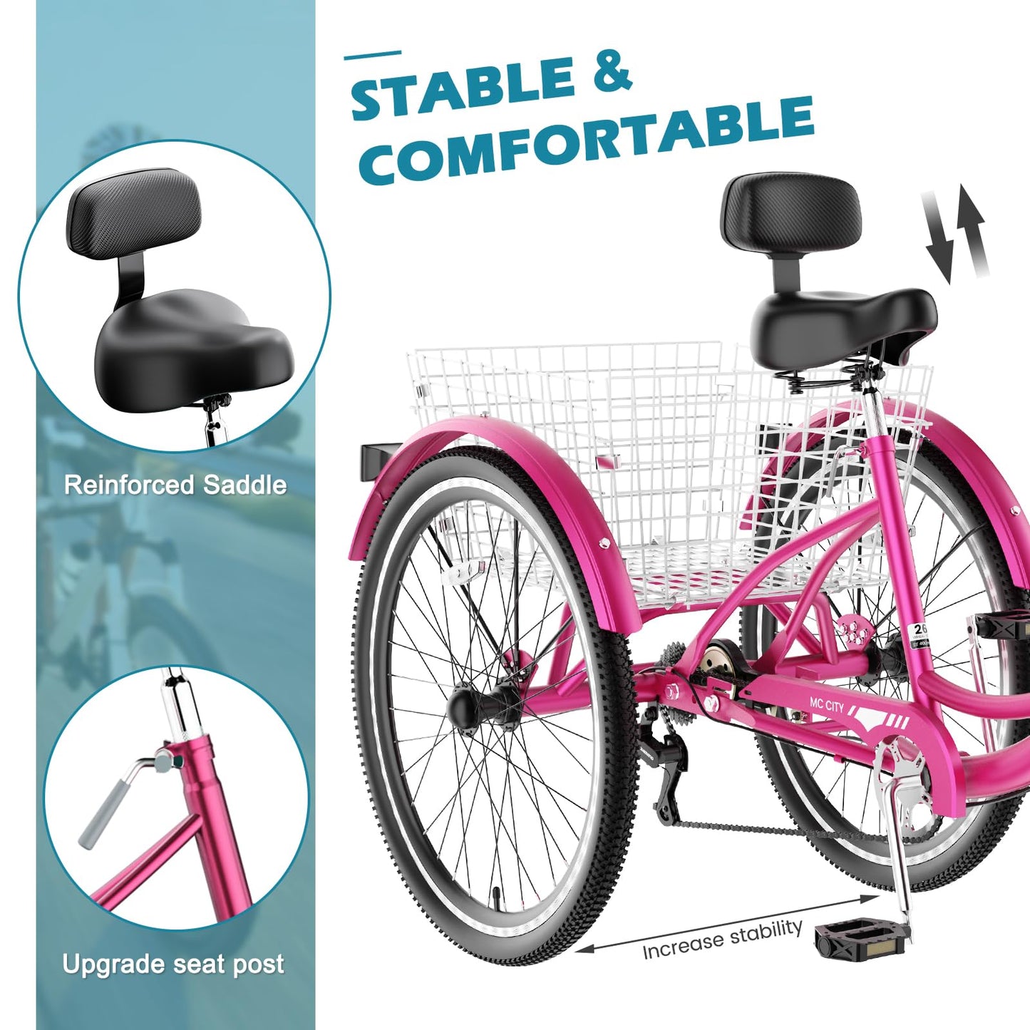 Slsy Adult Tricycle 7 Speed, 20/24/26 Inch Step-Through 3 Wheel Bike for Adults with Large Shopping Basket, 350 lb Capacity Adult Trike for Seniors, Women and Men