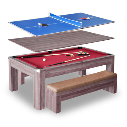 Hathaway Newport 7 Foot Dining Pool Table Combo with Game Accessories, & 2 Benches – Multifunctional Billiards Table with Ping Pong & Dining Top – Light Oak Finish, Chrome Accents, Red Felt