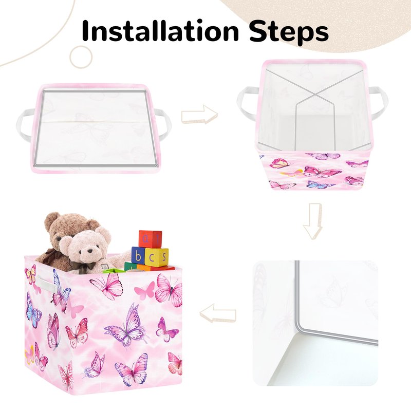 Clastyle Butterfly Kid Storage Cube Organizer Set Watercolor Closet Clothes Cube with Metal Frame Storage Bin Nursery Toddler Toy Box Chest Girl Book Shelf Basket, Pink, 11.8x11.8x11.8 in