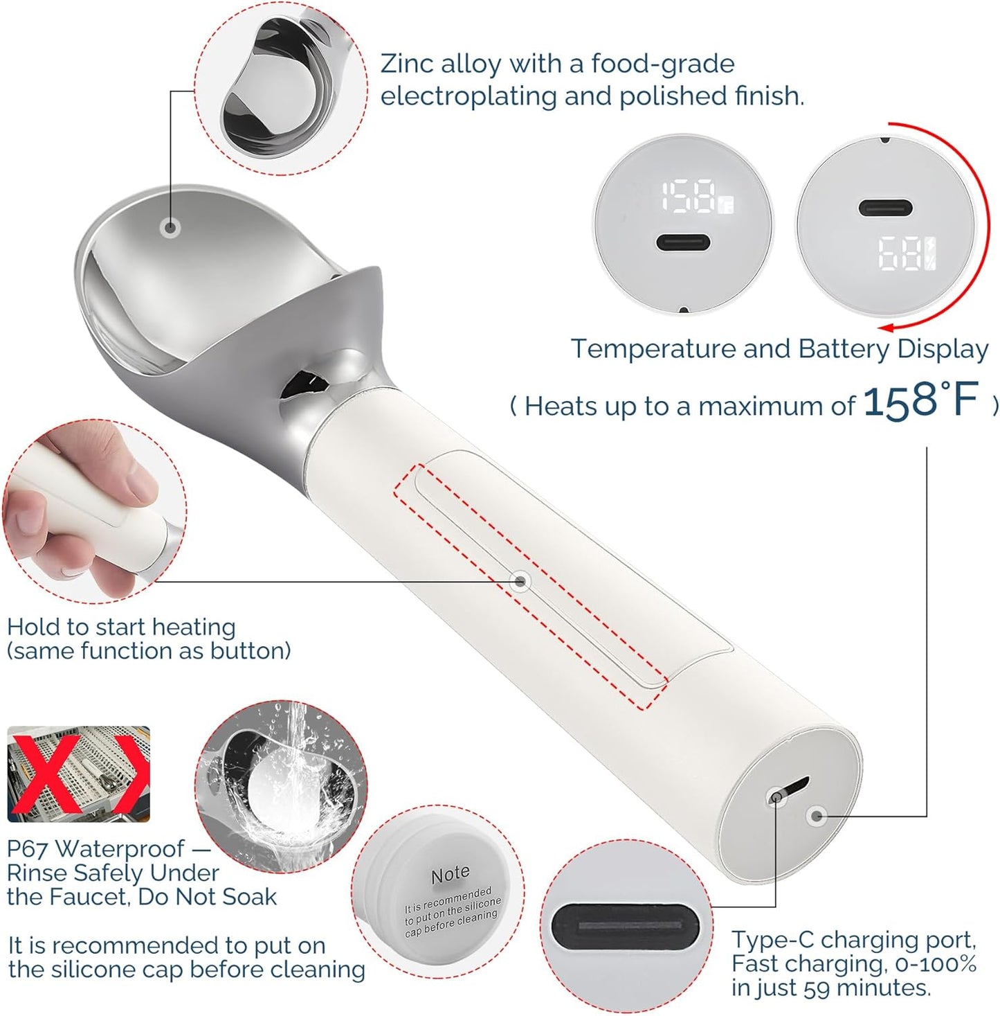 158F IP67 2 oz) Heated Ice Cream Scoop Rechargeable, Electric Warming Ice Cream Scooper with LED Display, Heats