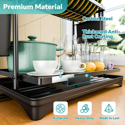 Simple Trending Dish Drying Rack, 2-Tier Dish Rack for Kitchen Counter, Large Dish Drainers Sink Organizers and Storage, Black