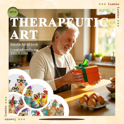 Leatrice 8PCS Chicken Diamond Art Coasters Small Diamond Painting Kits for Adults Diamond Dots Round Full Drill Diamond Coasters with Holder Easy Art Crafts for Beginners Kitchen Decro