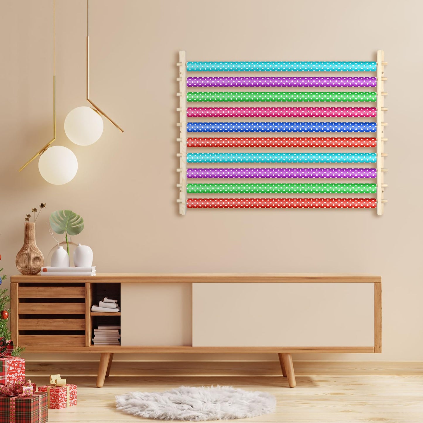 Kigley 10 Tier Ribbon Holder Organizer Rack Wood Wrapping Paper Display Rack Large Gift Wrapping Paper Storage Organizer Easy Wall Mount Wrapper Storage