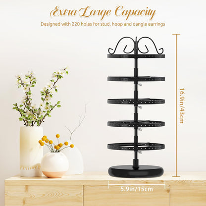 MODOWEY Rotating Earring Holder Organizer Stand, 5 Tier Metal Tree Display for Women Vendors, 220 Holes Adjustable Jewelry rack for Stud Hoop Dangle Storage, Trendy Carousel Keeps Dresser Neat, Black