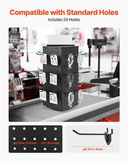 VEVOR Rotating Pegboard Display Stand, 7.4 x 7.4 x 17 in 4-Sided Spinning Peg Board Display with 24 Hooks, Thickened Cold-Rolled Steel Craft Rack Organizer for Grocery Retail Store Jewelry Shop, Black